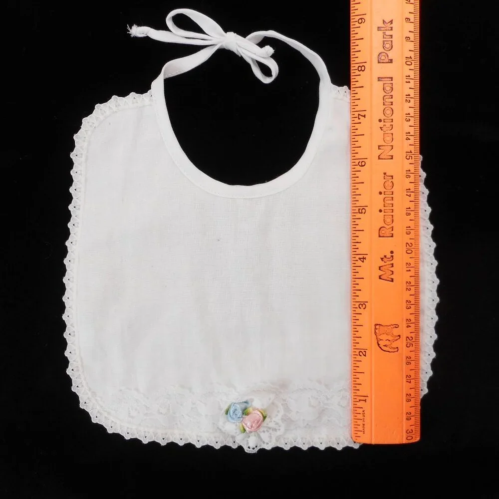 Vintage White Baby Bib Lace Trim Tie-back Rosette Flowers